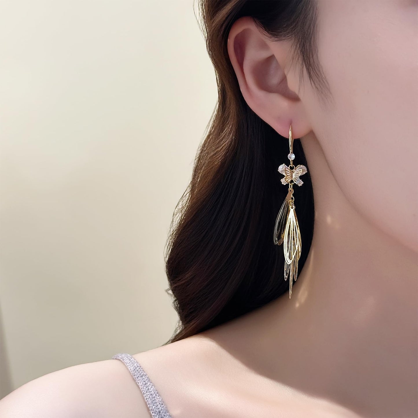 WASAIE Long Butterfly Dragonfly wings Layered Dangle Earrings, Elegant 14K Gold Plated Brass Rhinestone Cubic Zirconia Dangling Hook Earrings for Prom Party