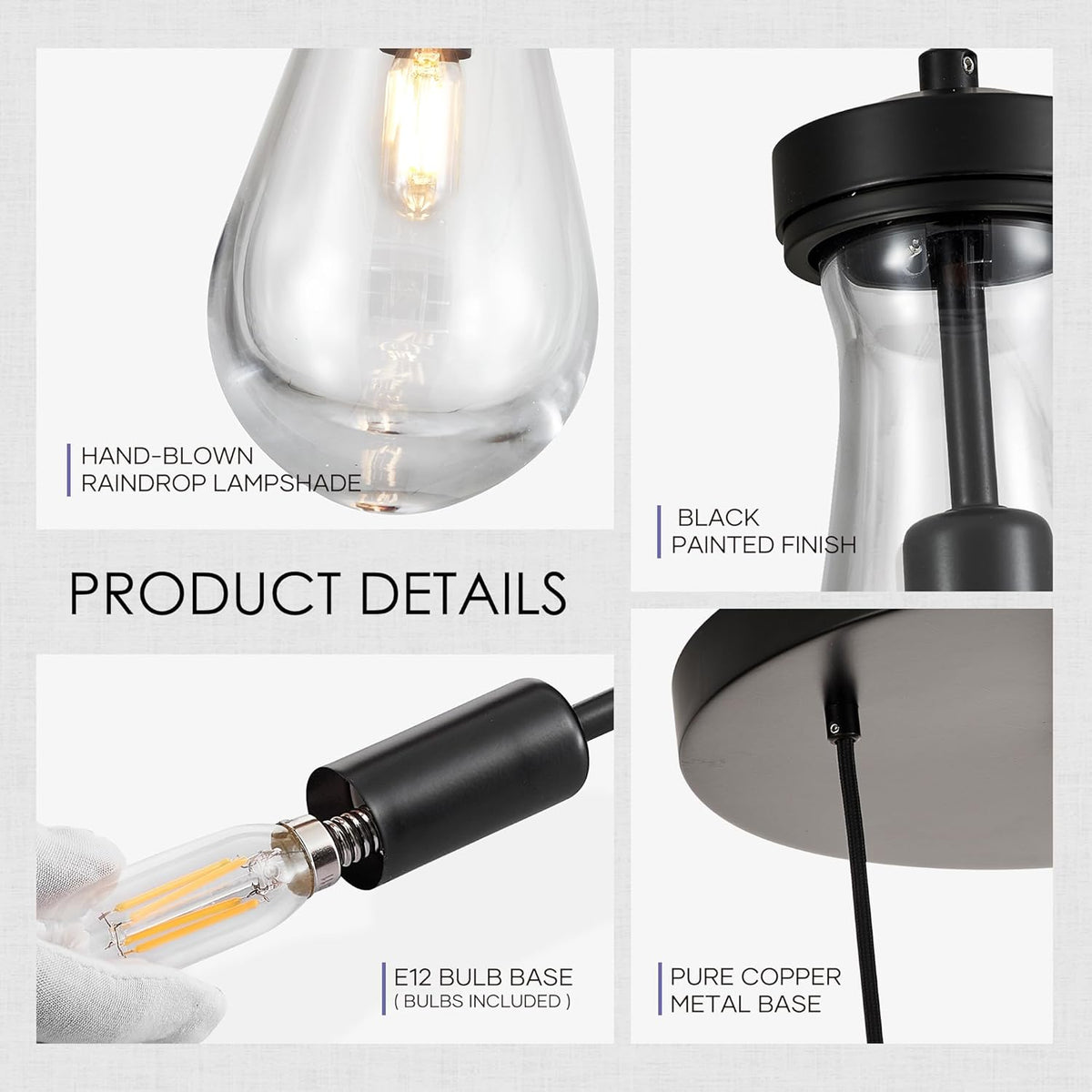 5-Light Raindrop Pendant Light Fixtures, Black Glass Pendant Lighting, Teardrops Modern Hanging Light for Entryway Foyer Kitchen Island Dining Living Room Hallway