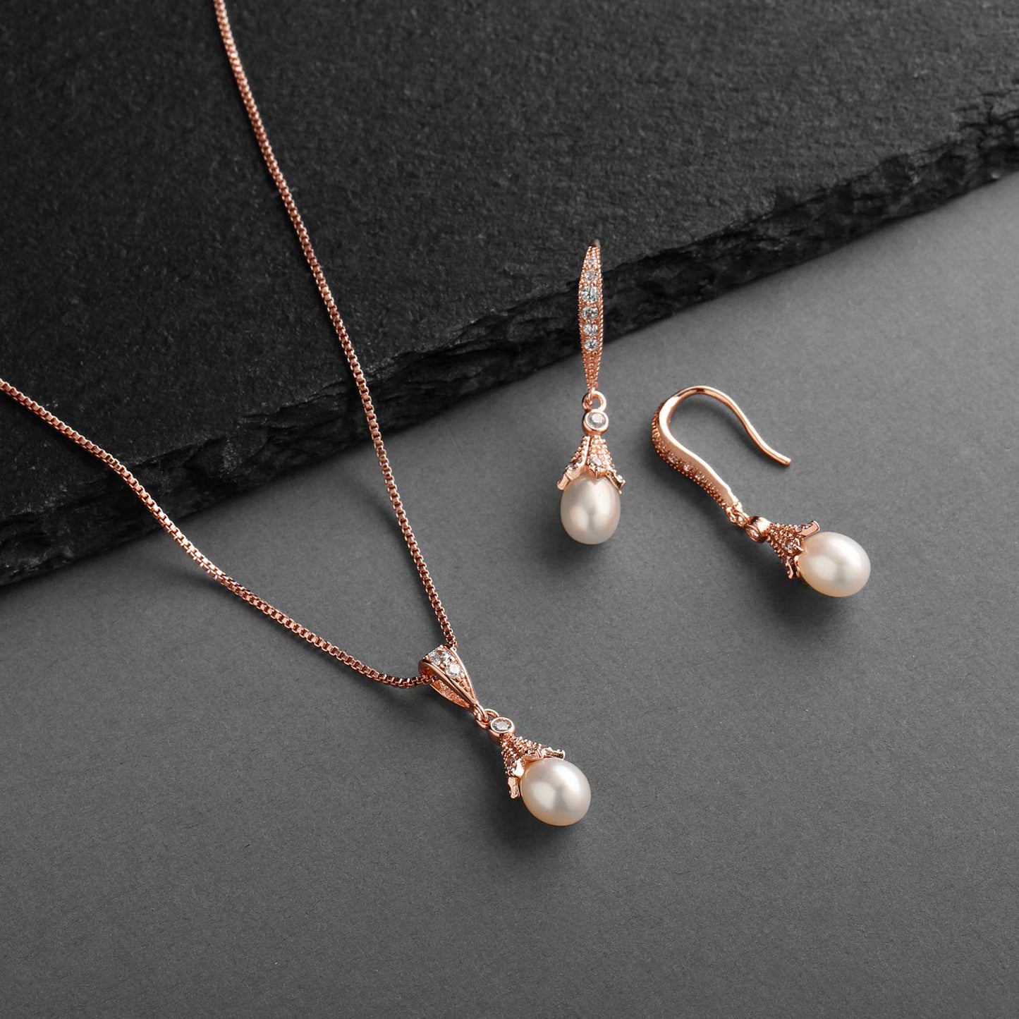 Mariell 14K Rose Gold Plated Wedding Necklace & Earrings Jewelry Set with Freshwater Pearl for Bridesmaids & Brides