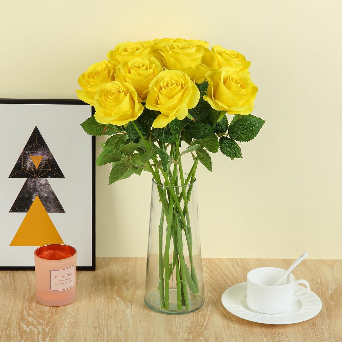 12pcs Yellow Roses Artificial Flowers Fake Roses Silk Flowers Roses with Long Stems for Wedding Home Party Centerpieces Decorations