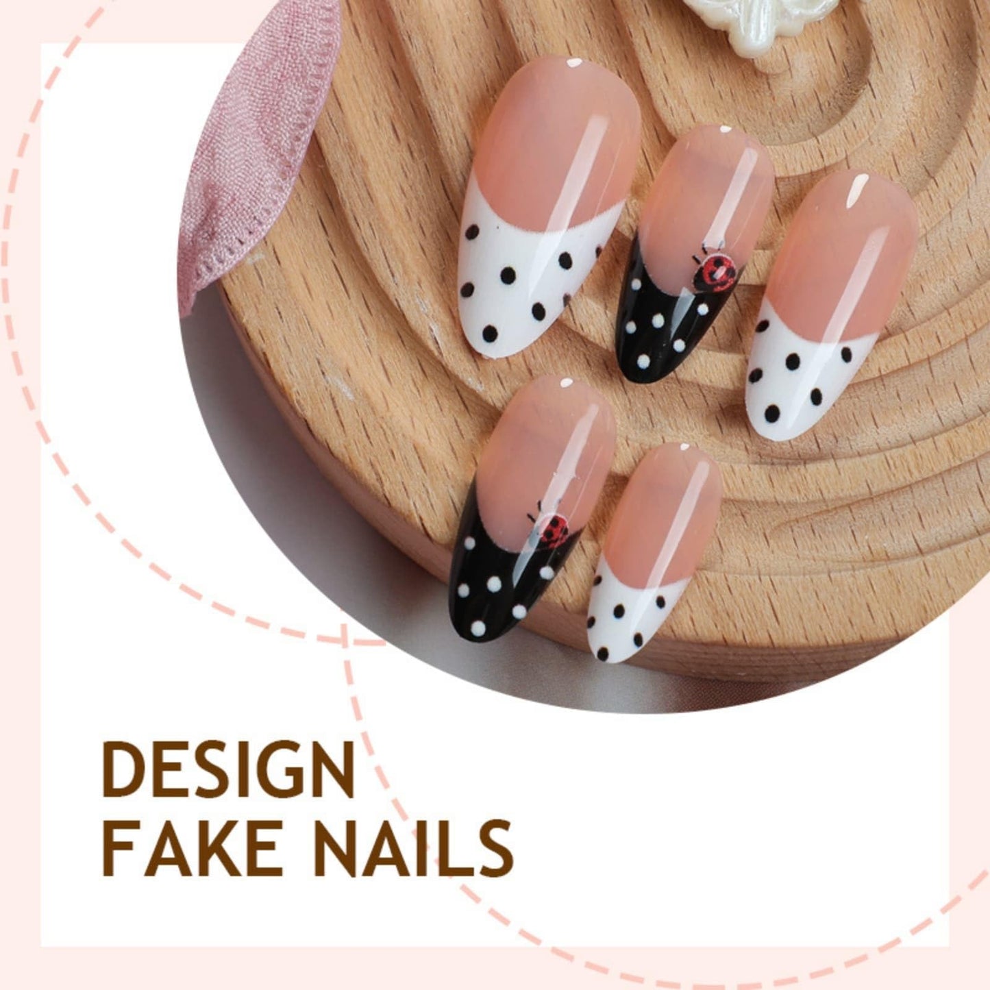 Polka Dot Press On Nails Almond Medium Fake Nails Black and White Polka Ladybird Dot Design Glossy Glue on Nails Spring Summer Nails Press on Reusable Full Cover Cute Acrylic Nail for Women 24 Pcs