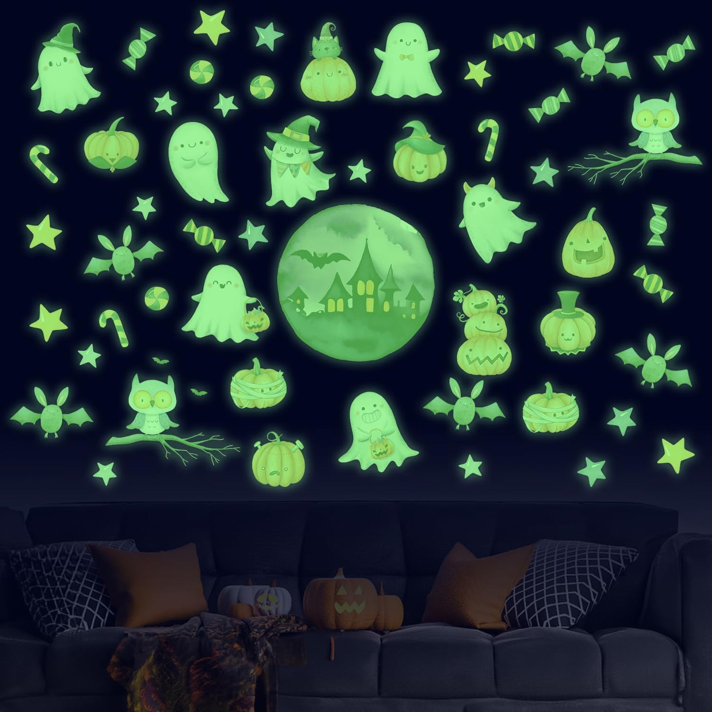 TOARTI Halloween Glow in The Dark Window Decal Halloween Luminous Ghost Wall Clings Haunted House Bat Pumpkin Night Glow Decals Scary Halloween Theme Party Decor