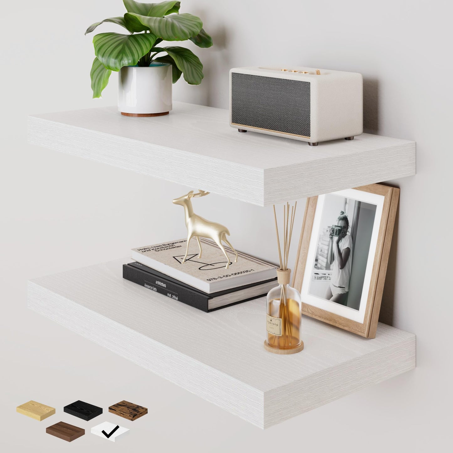 RICHFOCUS Deep Floating Shelves for Wall 2 Pack 12" D 24 Inch Wall Shelves for Room Wall|Wood Hanging Shelf with Invisible Brackets for Bathroom Bedroom Kitchen Laundry Room, White