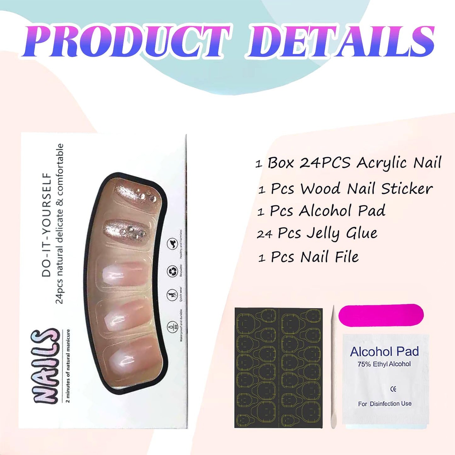 Coffin Press on Nails Medium Length With Rhinestone Designs Full Cover Gradient Acrylic False Nails for Women Cute Glitter Glue on Manicure Kit 24Pcs