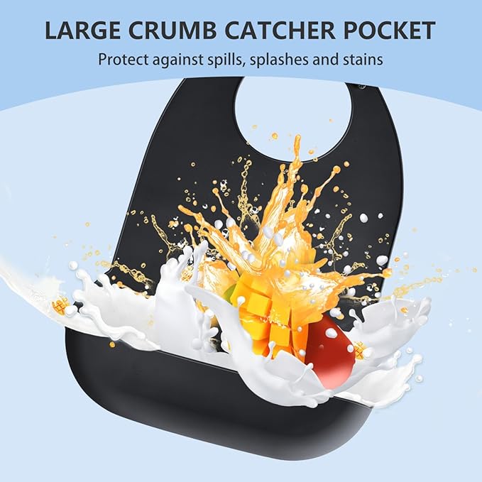 Adult Bibs for Men, Women, Elderly- Silicone Adult Bib for Eating - Washable Bibs with Crumb Catcher (Black)