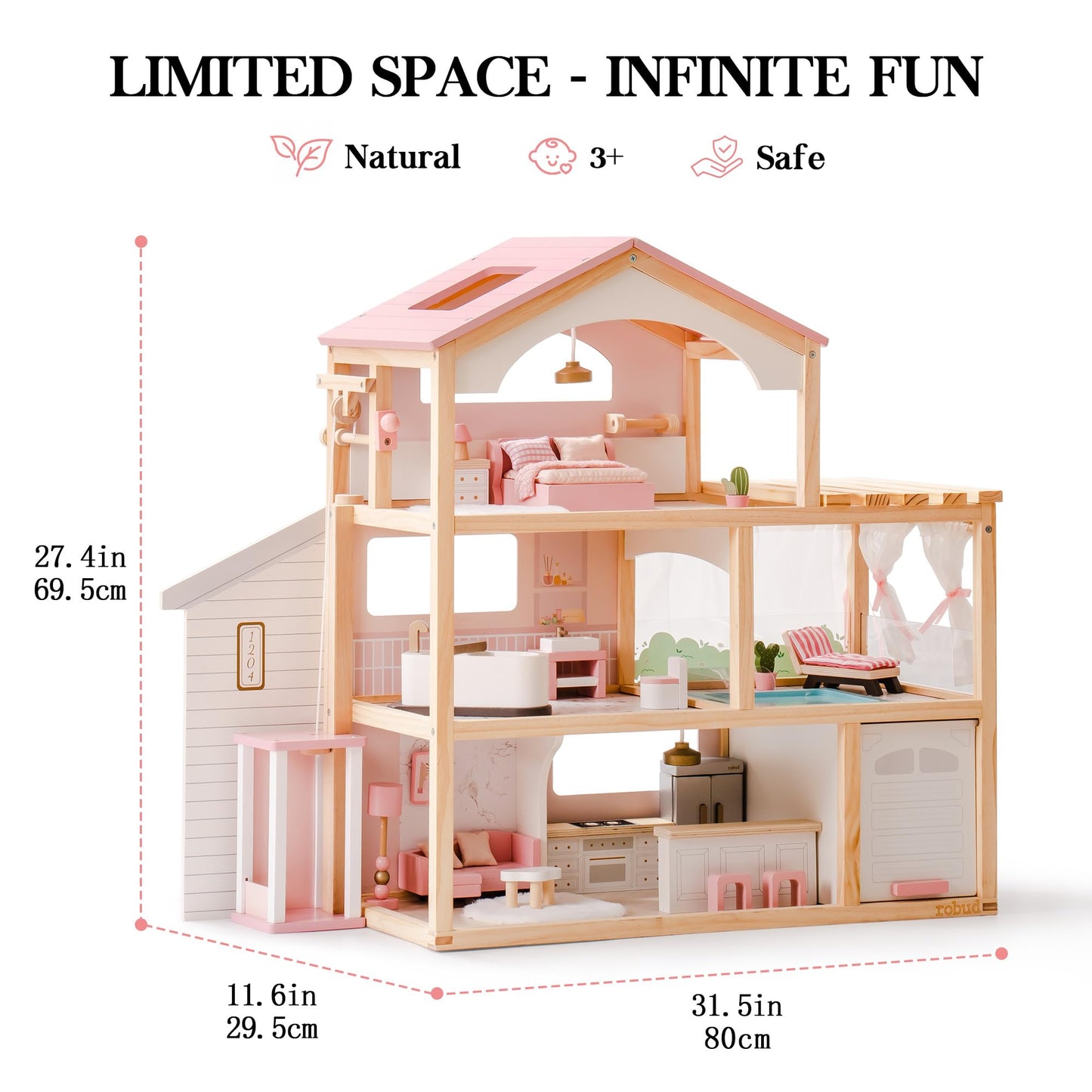 ROBUD Doll House, Wooden Dollhouse with 6 Rooms, 29-pcs Furniture Set, Working Elevator, Garage, Swimming Pool, Ideal Gift for Kids Ages 3+ (Pink)