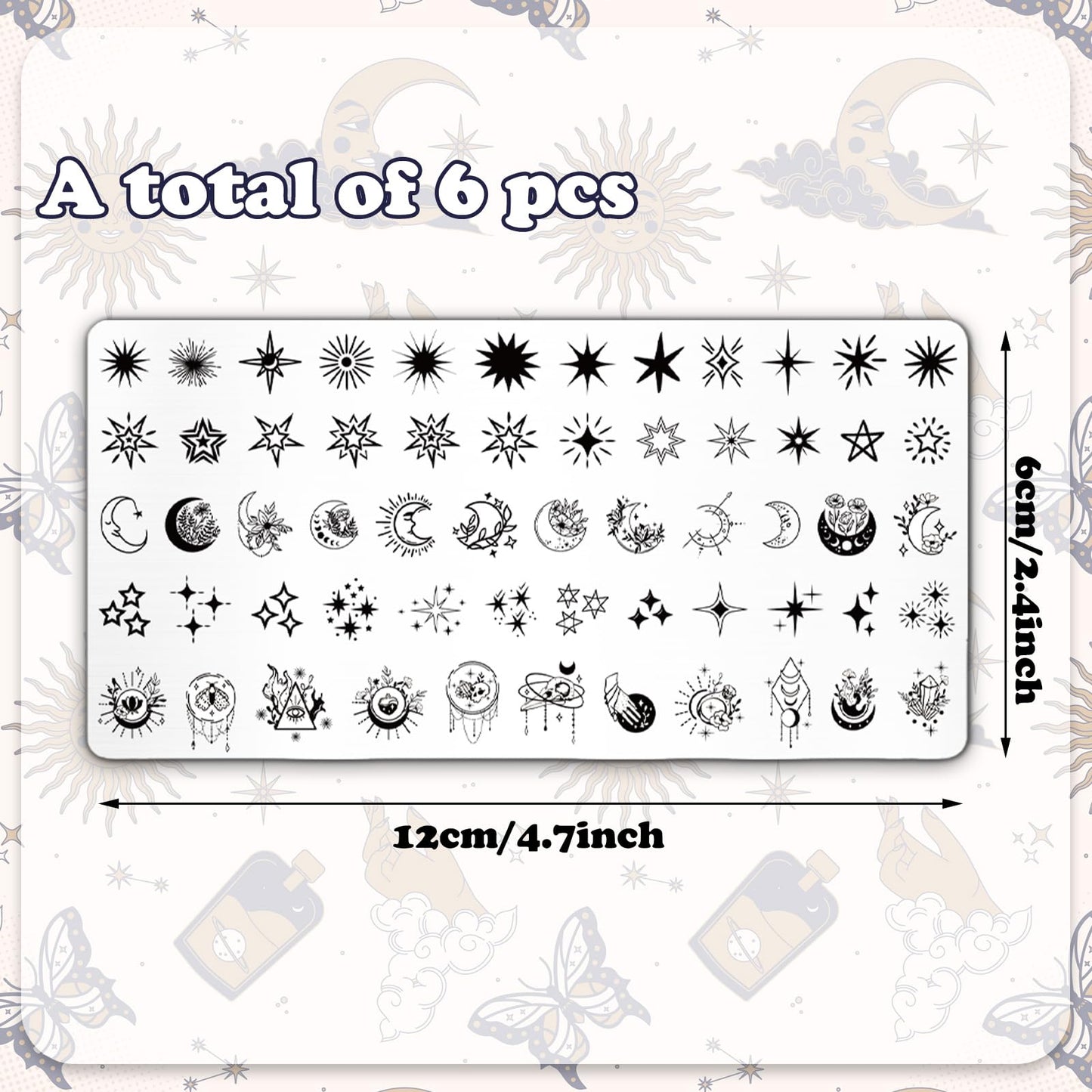 Whaline 6 Pcs Sun Moon Star Nail Plates Stamping Set Groovy Stamp Templates Nail Art Plates for DIY Print Manicure Salon Design Gift Supplies