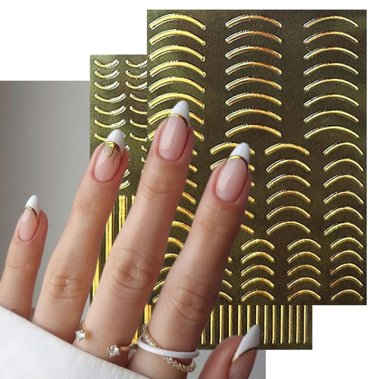 IDDFEVE 12 Sheets Gold Line Nail Art Stickers - French Smile Waves Strip Self-Adhesive Nail Decals for DIY Geometric Manicure