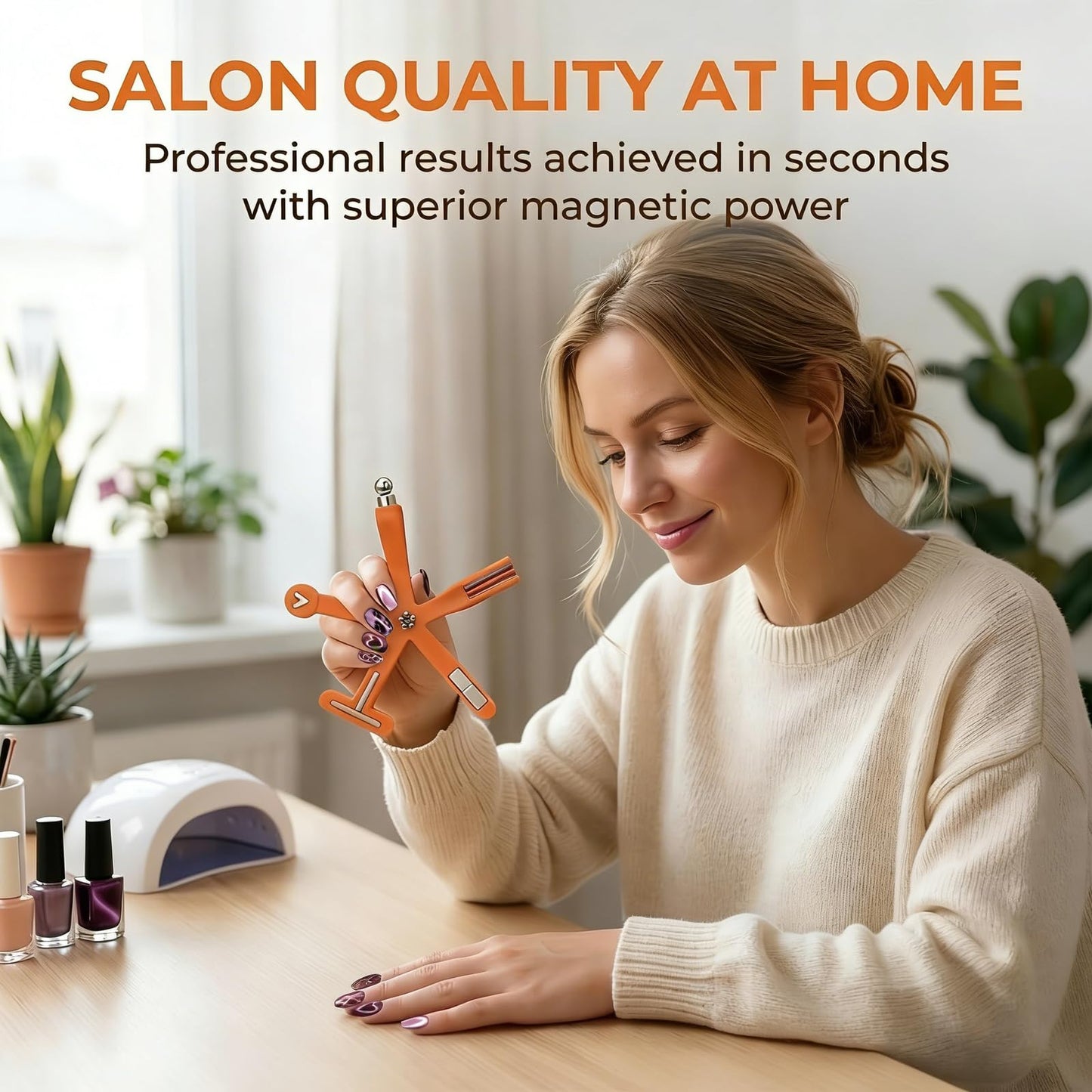 Plman 8 In 1 Cat Eye Magnet Tool with Magnetic Bead for Cat Eye Gel Nail Polish - Neodymium Nail Art Tools for Beginners DIY at Home and Professional Salon (8 in 1 Set - Orange)