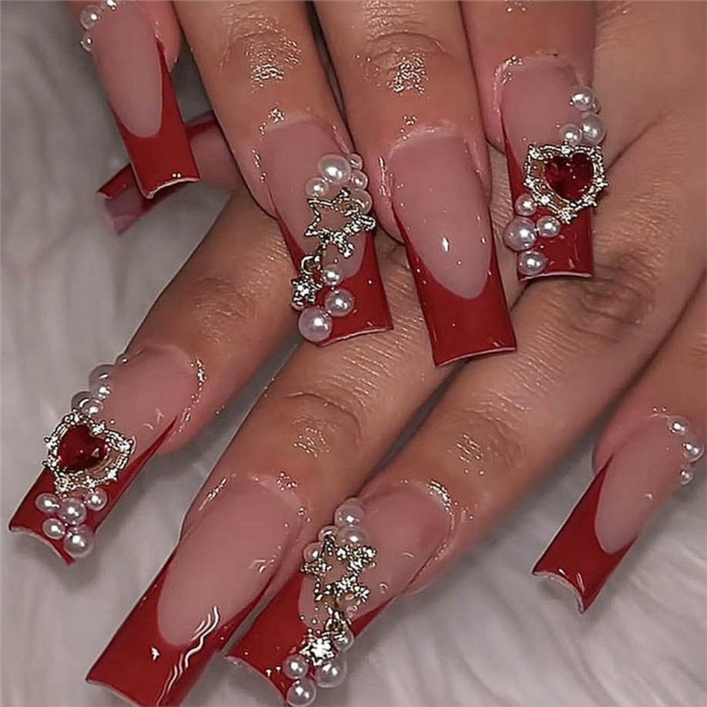 Long Press on Nails Square Fake Nails Red Artificial Nail Pearl and Silver Stars Designs Heart Stick on Nail for Women 24pcs
