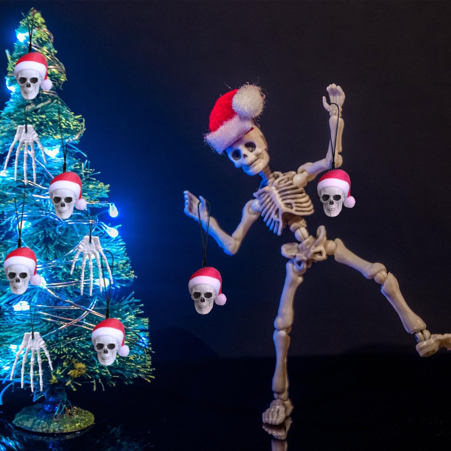 Soulchen 24 Pcs Christmas Gothic Decorations Skull Tree Hanging Ornament with Santa Hat Halloween Skulls Head and Hand Small Skeleton Decoration Spooky Christmas Hanging Ornament for Party Supply
