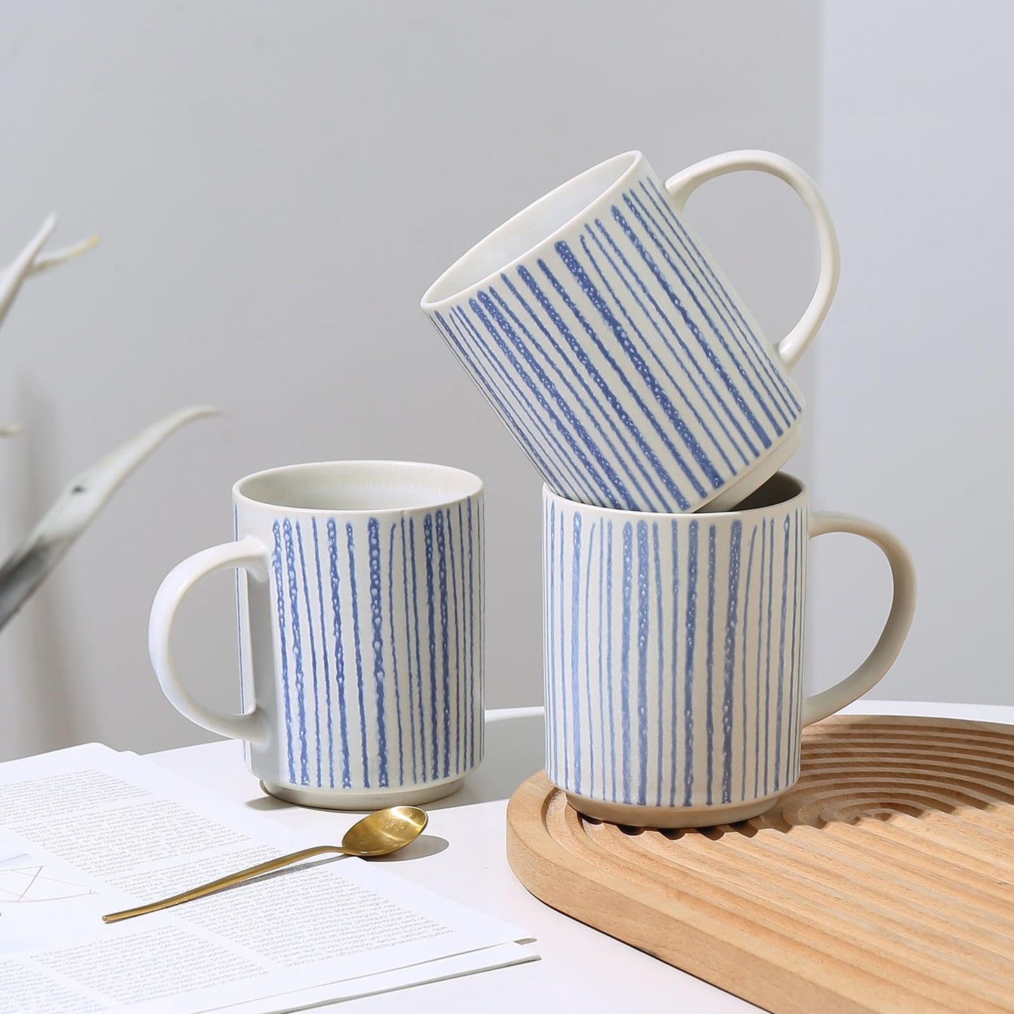 ALOFMO Ceramic Mugs Set of 6, Modern 17oz Coffee Mugs, Stackable Coffee Cups with Handpainted Blue Stripe Pattern, Dishwasher and Microwave Safe Mugs for Home & Office