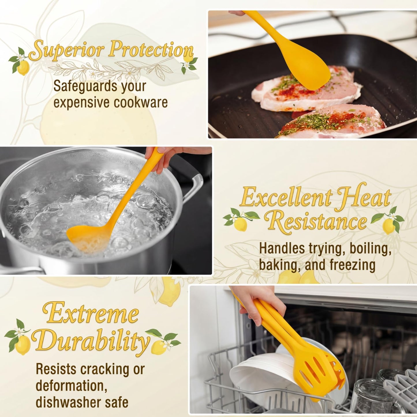 Ferrochef 7 Pcs Lemon Kitchen Decor and Accessories Silicone Cooking Utensils Set with Crock Organizer Heat Resistant Tools Set Slotted Turner Pasta Spoon Soup Ladle Whisk Spatula Salad Server