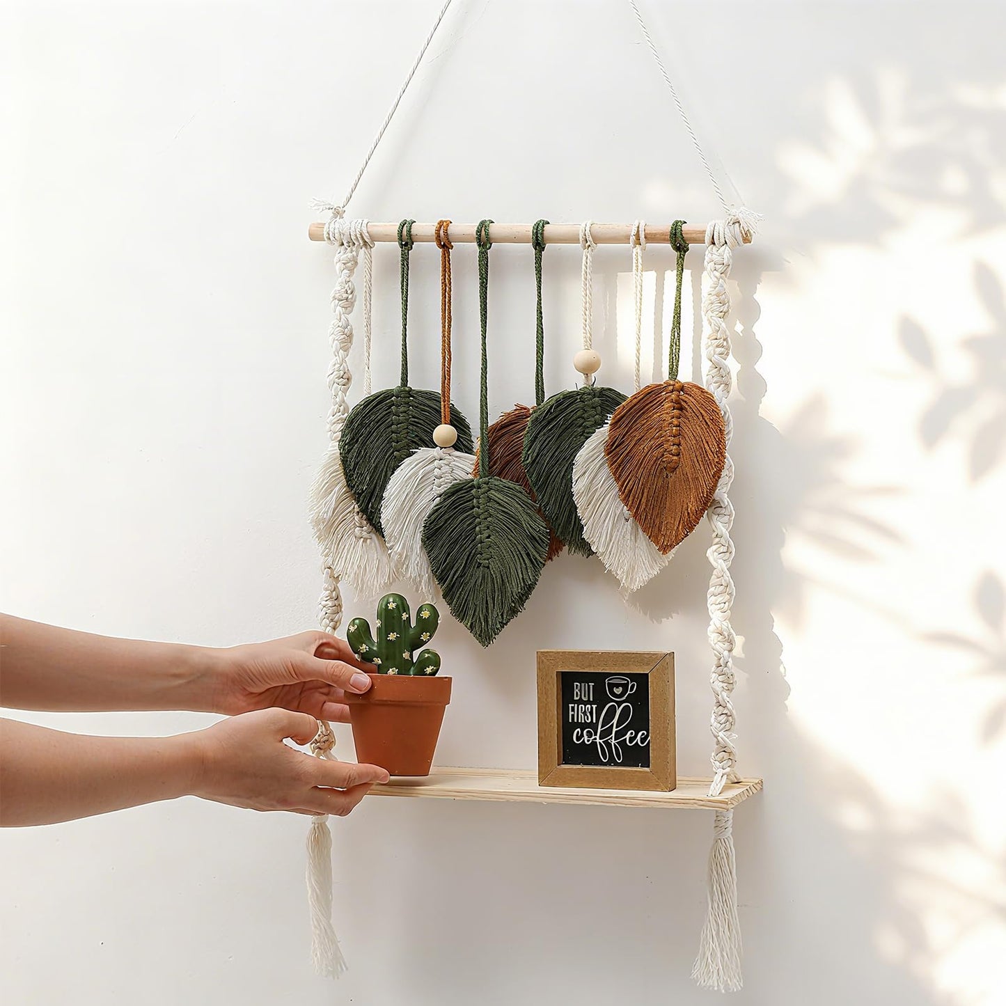 Fiwochic Single Tier Macrame Boho Wall Hanging Shelf Handmade Bohemian Wooden Woven Floating Storage Shelves Decor Photos Plants Display Shelving for Nursery Bathroom Bedroom Living Room