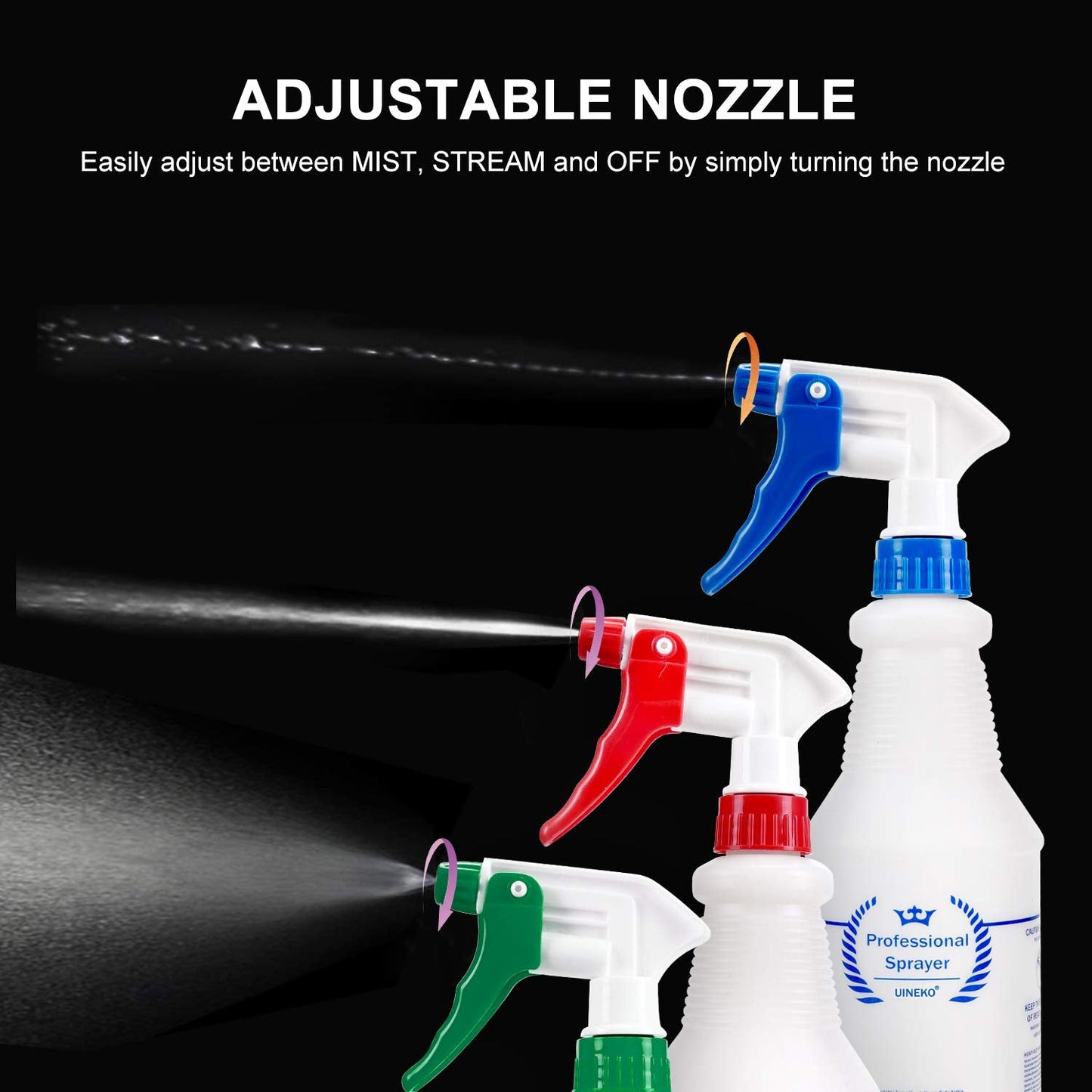 Uineko Plastic Spray Bottle (3 Pack, 32 Oz, 3 Colors) Heavy Duty All-Purpose Empty Spraying Bottles Leak Proof Commercial Mist Water Bottle for Cleaning Solutions Plants Pet with Adjustable Nozzle