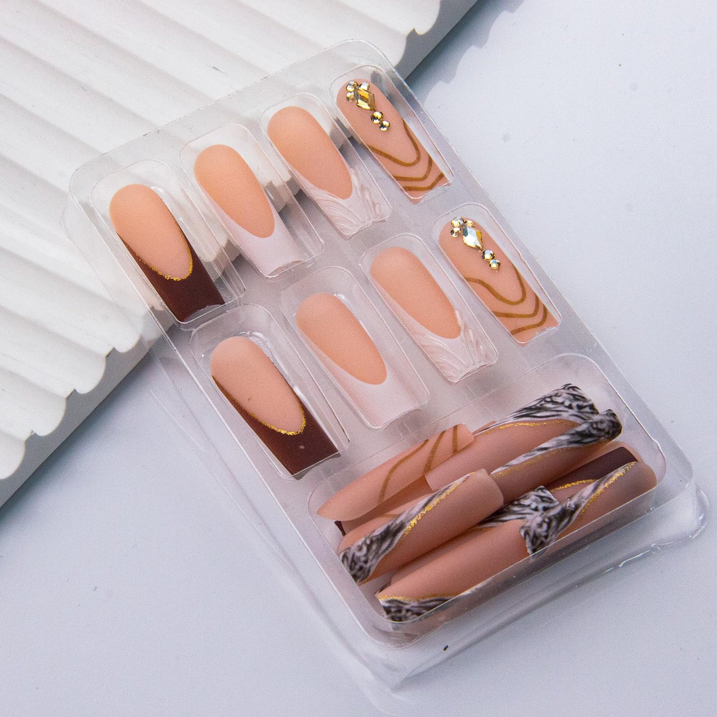Long Square Press on Nails French Tip Fake Nails Brown Fall False Nails Press ons Gold Line Acrylic Nails Matte Finish Stick on Nails for Women Manicure 24Pcs