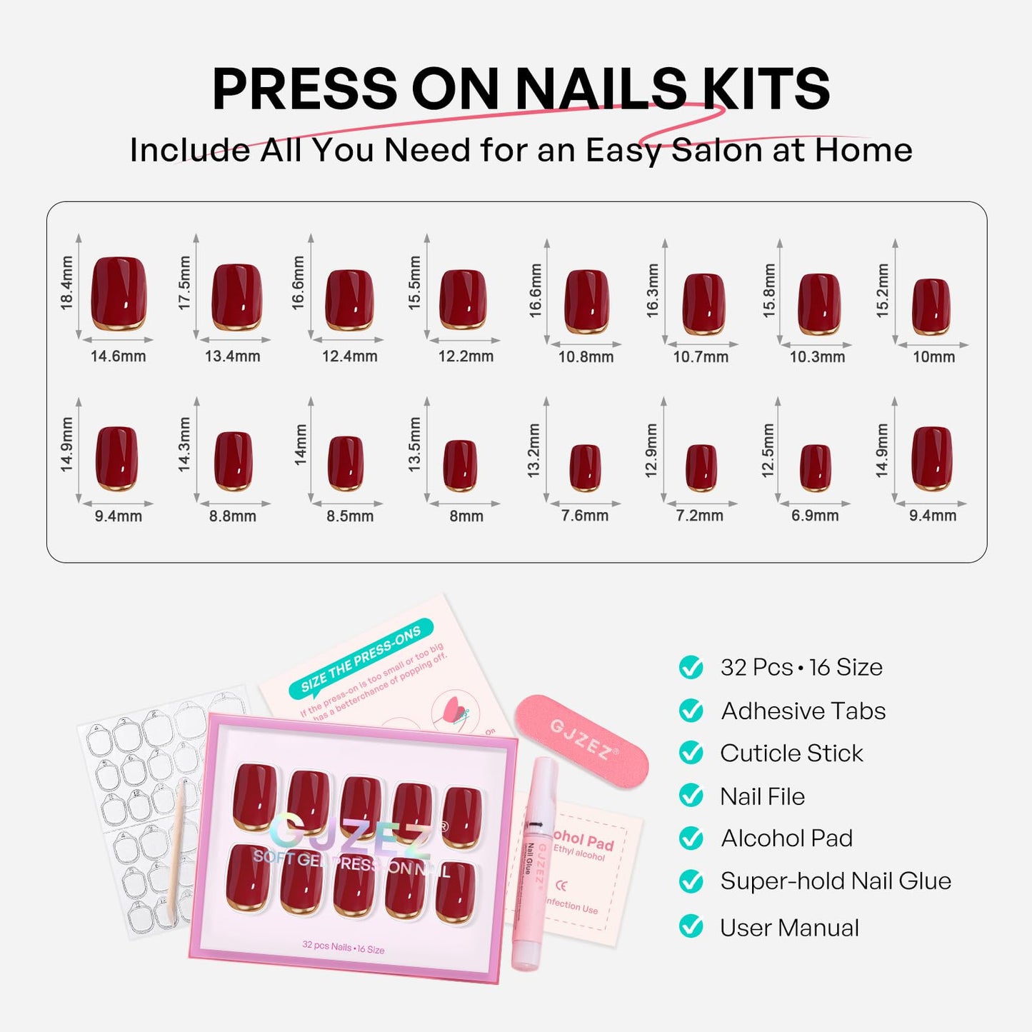 Red Press On Nails with Designs - GJZEZ Soft Gel Glossy Square Nails Press ons with Gold Cuffs French Tip, Salon Quality Fake Nails for Women, 16 Sizes - 32 pcs Long Lasting Reusable Nails, Gold End