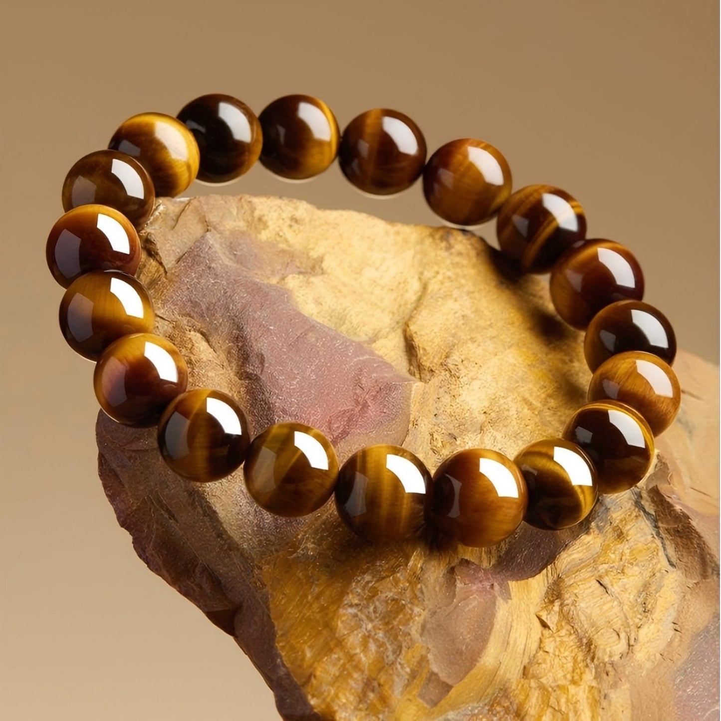 Rosolaratop Natural Tiger Eye Stone Bracelet, 8-12mm Healing Energy Gemstone Beads, Elastic Stretch Design for Yoga and Meditation (8MM)