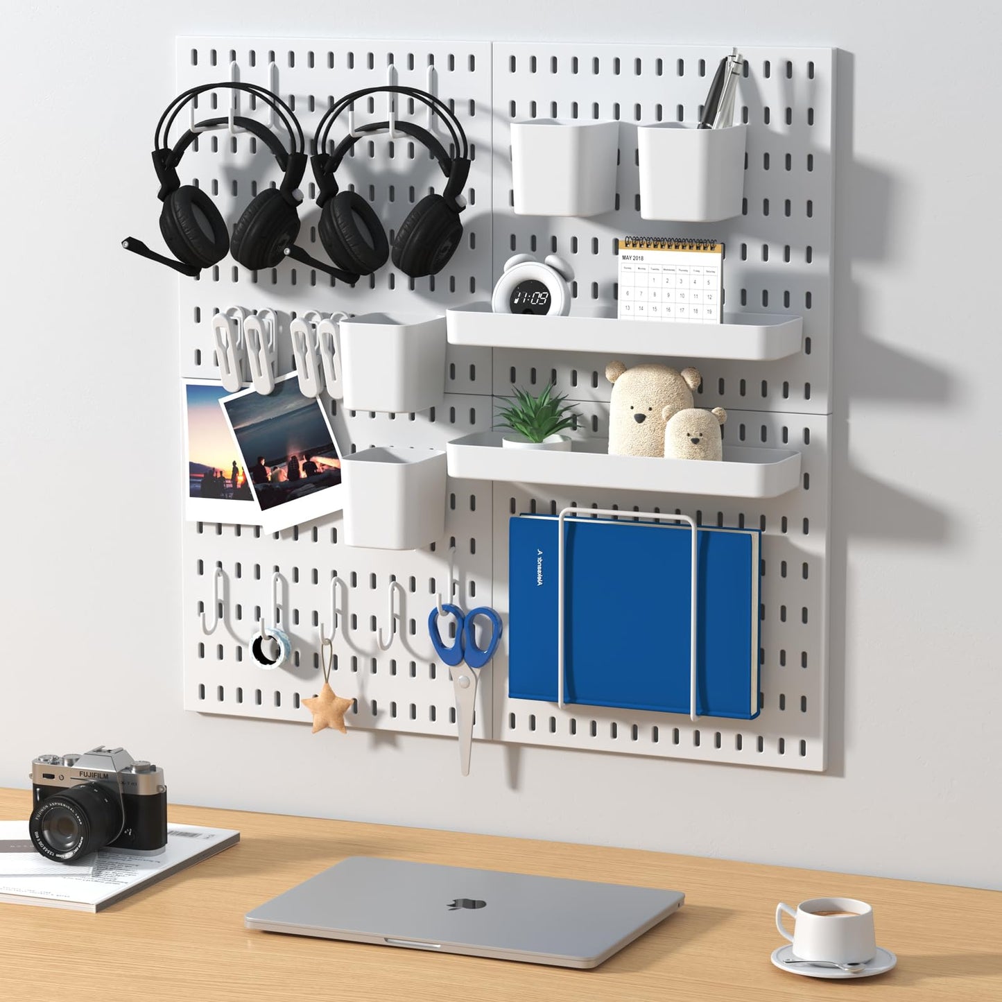 VEOFEMLEA Peg Board Combination Kit, 4 Pegboards with 20 Accessories, Pegboard Wall Organizer for Office, Nursery & Home Storage, Key Holder, 25.6"x25.6" – Nail-Free Installation（White）