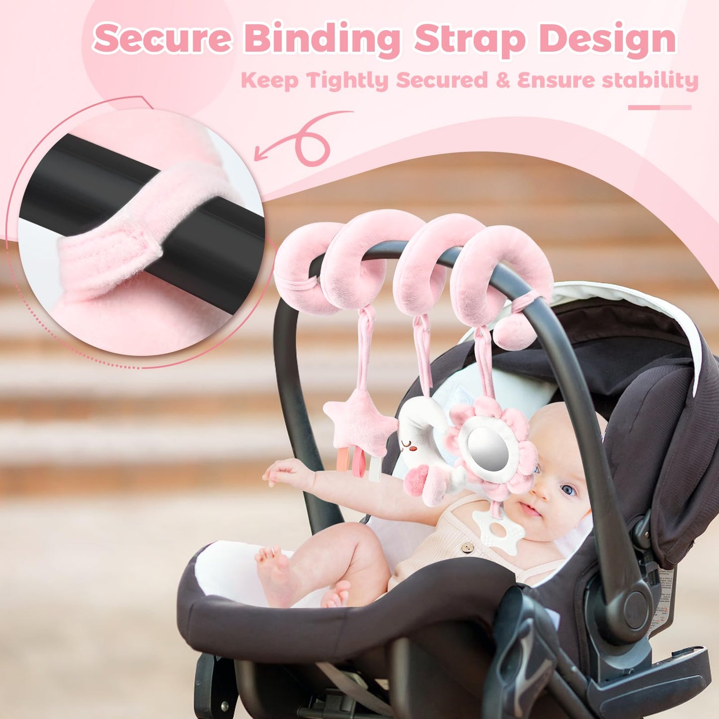 Yierchoo Baby Mobile for Crib with 12 Lullabies Digital Musical Box, Spiral Car Seat & Stroller Activity Toy, Pink Design for Nursey Decor