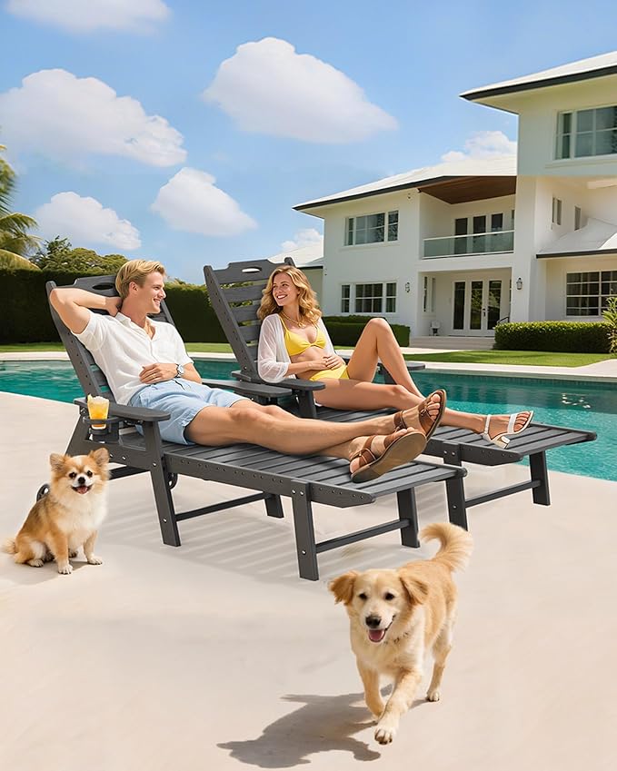 Carauci Lounge Chair Outdoor, HDPE Chaise Lounge with Wheels, 5-Position Adjustable Backrest & 2 Cup Holders Patio Lounge Chair, All-Weather Pool Sun Lounger for Poolside, Backyard, Grey