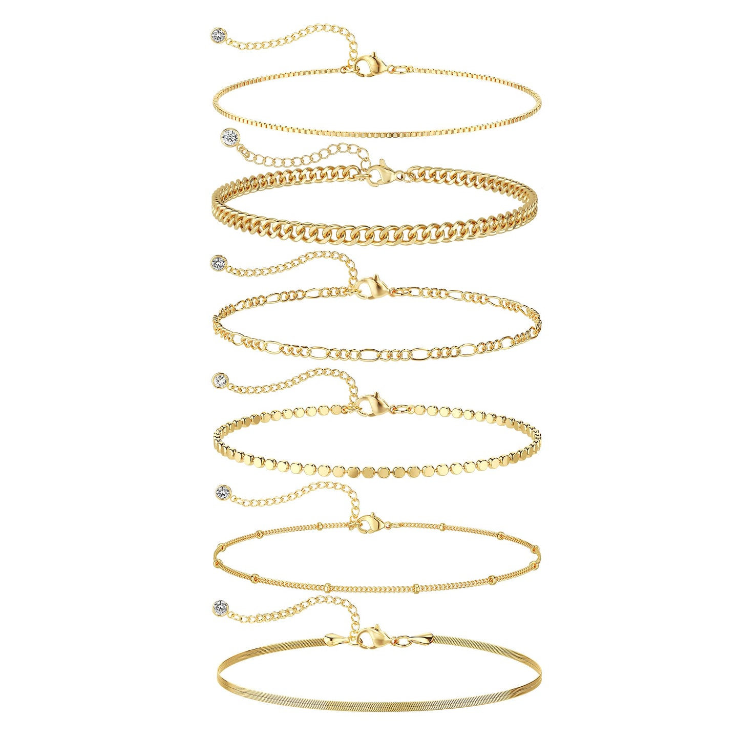 DEARMAY Dainty 14K Gold Plated Chain Bracelet Set for Womens Trendy Waterproof Gold Jewelry Fashion Stackable Box Cuban Figaro Herringbone Link Bracelets Pack Stack Gifts