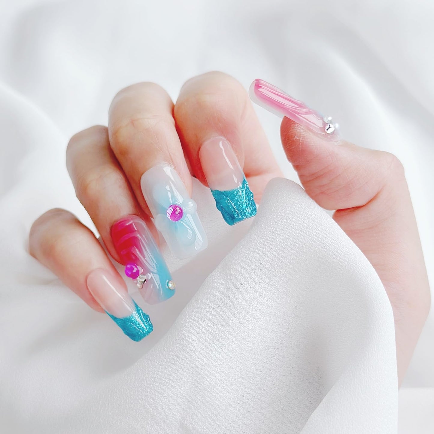 LARSOOY Nails Handmade Press on Nails Middle Long Square | Handmade Nails with Ocean Theme | Reusable fake Nails with Unique Designs | False Nails 10 Pcs (Underwater Adventure, M)