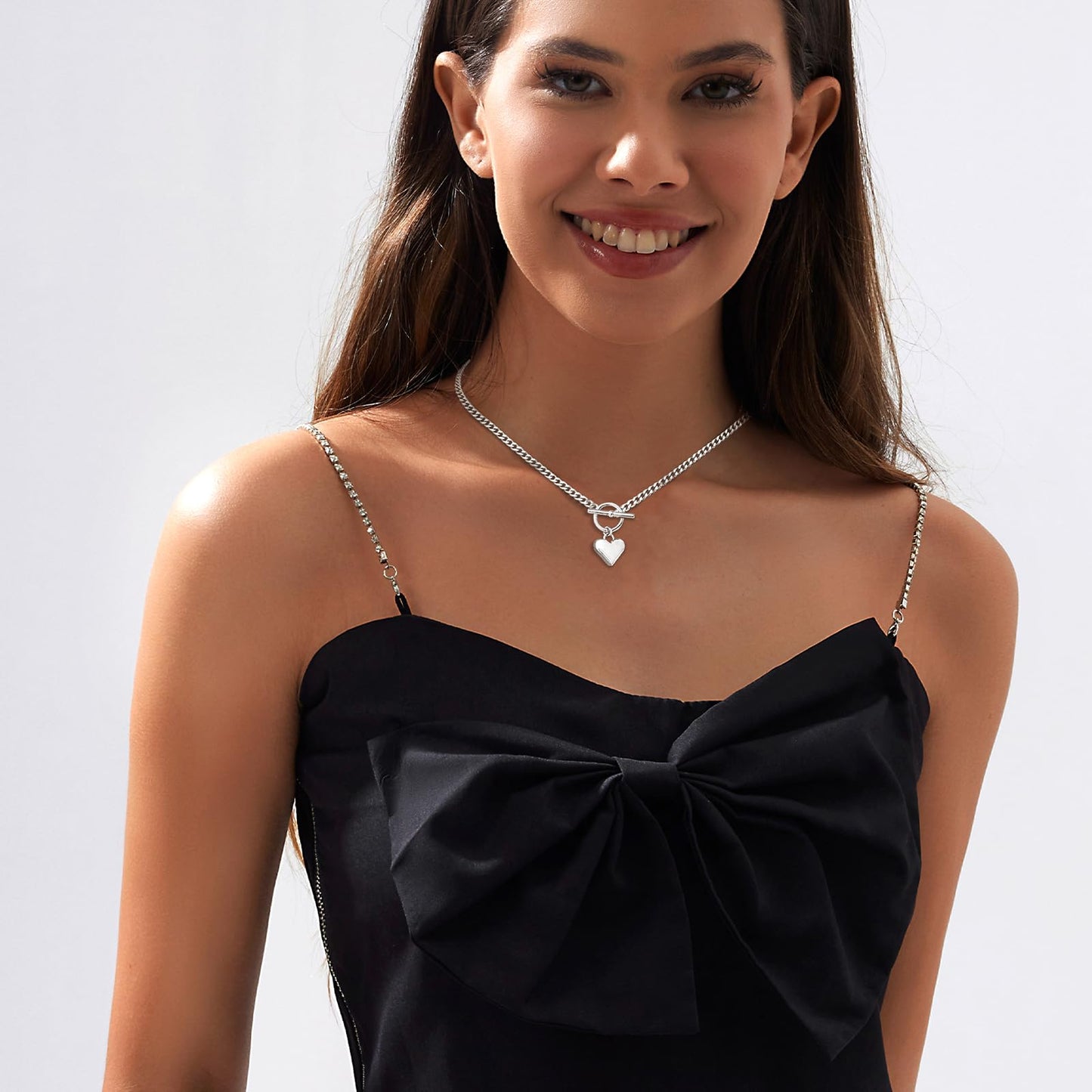 Zeffy Silver Chunky Puffy Heart Necklace Big Heart Chain Link Necklace Toggle Clasp Heart Charm Necklaces Women Jewelry