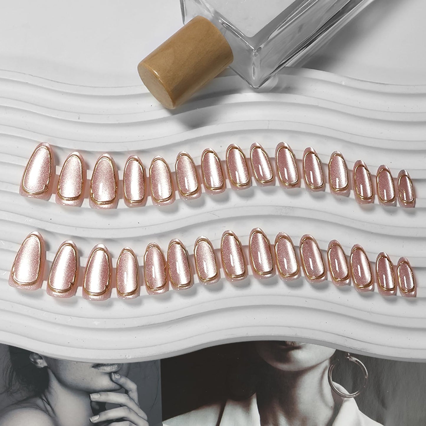 VOTACOS Cat Eye Acrylic Press on Nails Almond Medium Light Pink Acrylic Fake Nails Press Ons with Designs Gold Glue on Nail for Women 24PCS Reusable Artificial Stick on False Nail with 3D Line Designs