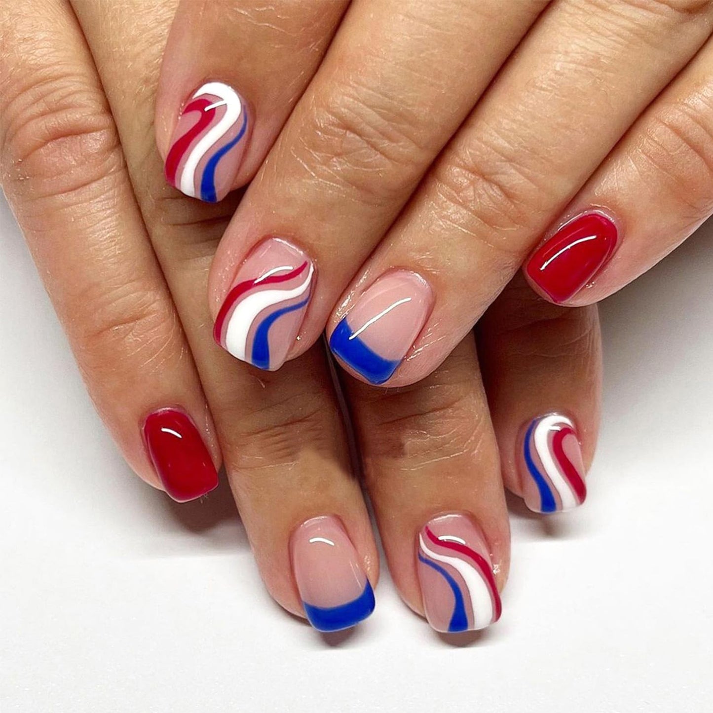 4th of July Independence Day Press on Nails Medium Square Fake Nails with Red Blue White Curved Stripes Design Patriotic False Nails Full Cover Glossy Stick on Nail for Women Manicure 24Pcs