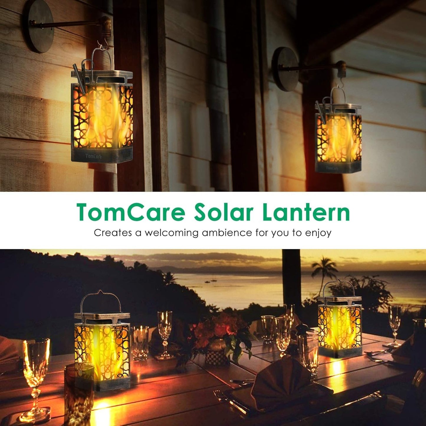 TomCare Solar Lights Upgraded Solar Lantern Flickering Flame Outdoor Hanging Lantern Decorative Lighting Solar Powered Waterproof LED Flame Umbrella Lights for Patio Garden Deck, 4 Pack(Bronze)