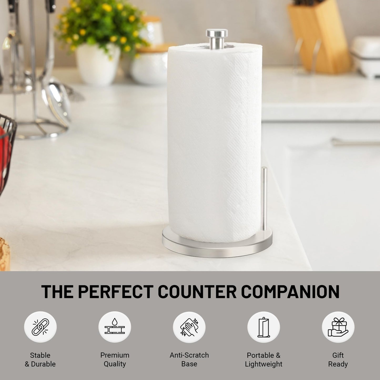 Steelware Central Paper Towel Holder with Side Rod, Stainless Steel, Easy Tear Dispenser for Home Kitchen Countertop Tabletop (Silver)
