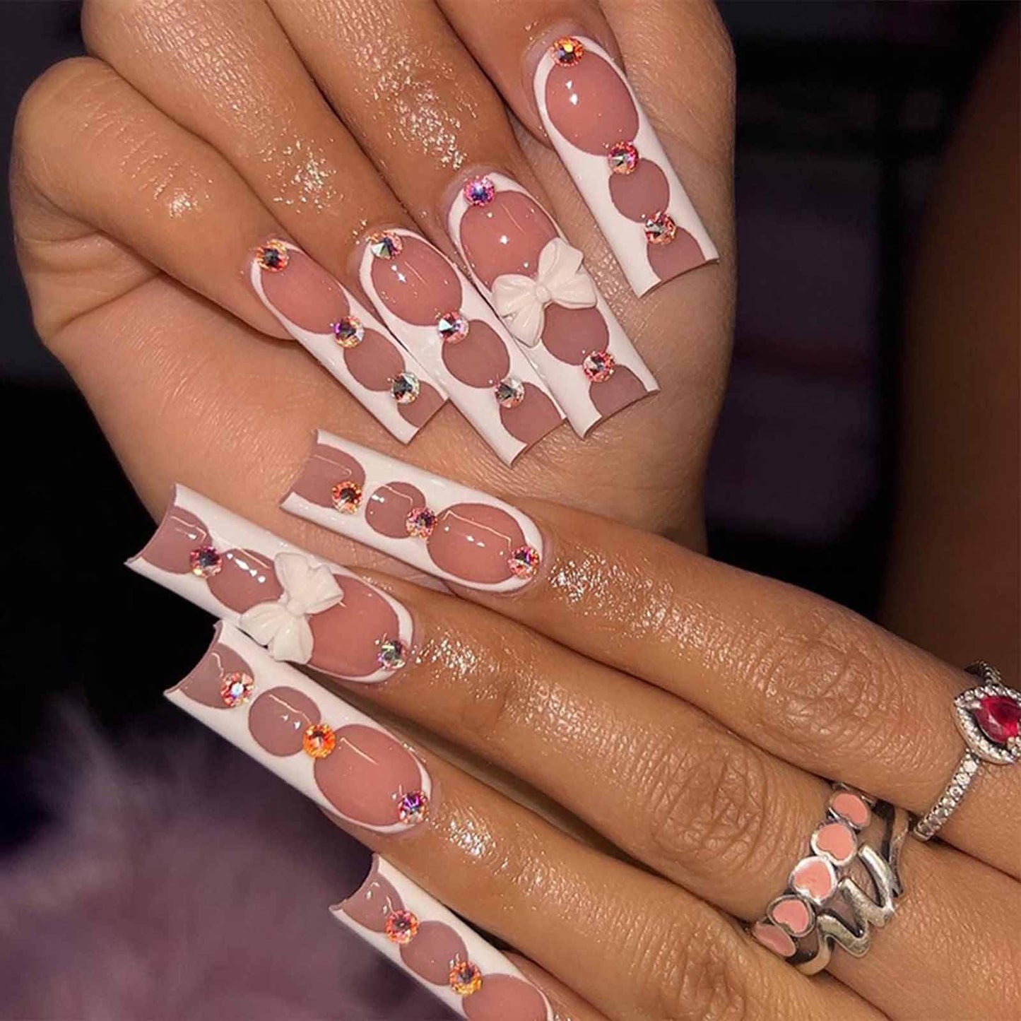 IMSOHOT Square Press on Nails Long White Fake Nails Full Cover Glue on Nails French Tips Glossy Acrylic False Nails with Bow Designs 24PCS Rhinestone Gel Nails