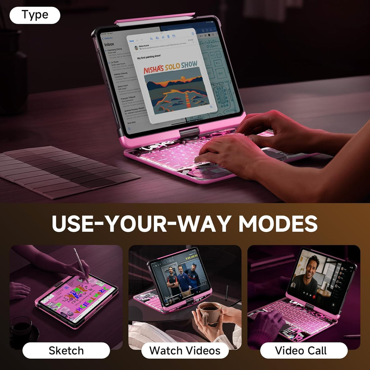 Transparent Case with Keyboard for iPad 11th Gen 11 Inch.(A16, 2025) & 2022 iPad 10th Gen 10.9 Inch,7-Color Backlit,Wireless Keyboard, 360°Rotating,with trackpad,Pencil Holder,with Shortcuts,pink