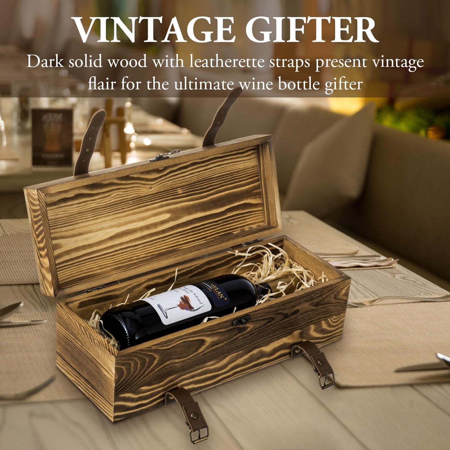MyGift Wooden Wine Gift Box, Whiskey Box with Locking Latch & Leather Straps, for Christmas, Wedding Champagne, Beer,Vintage Rustic Brown, 14x5x5 Inches
