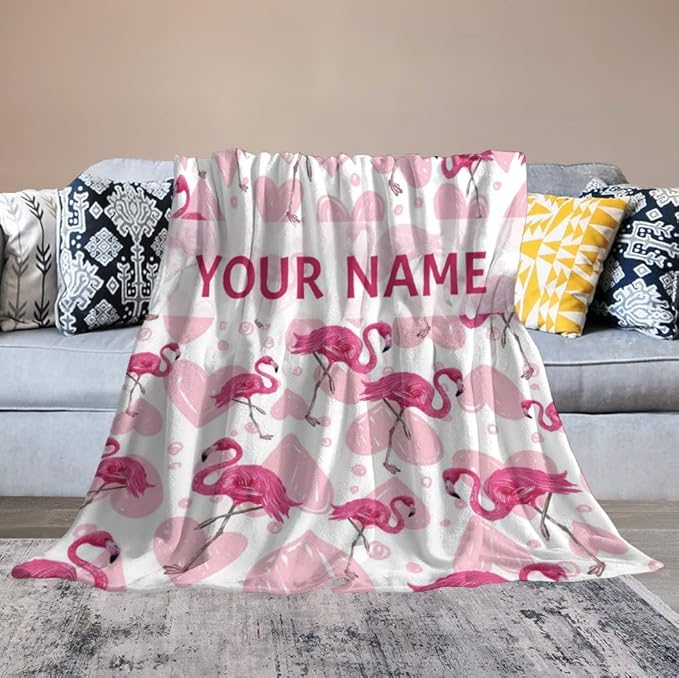 Custom Flamingo Blanket Gifts with Name - 50 x 60 Inches Cute Flamingo Throw for Teens - Light Pink Fluffy Warm Cozy Blankets for Couch