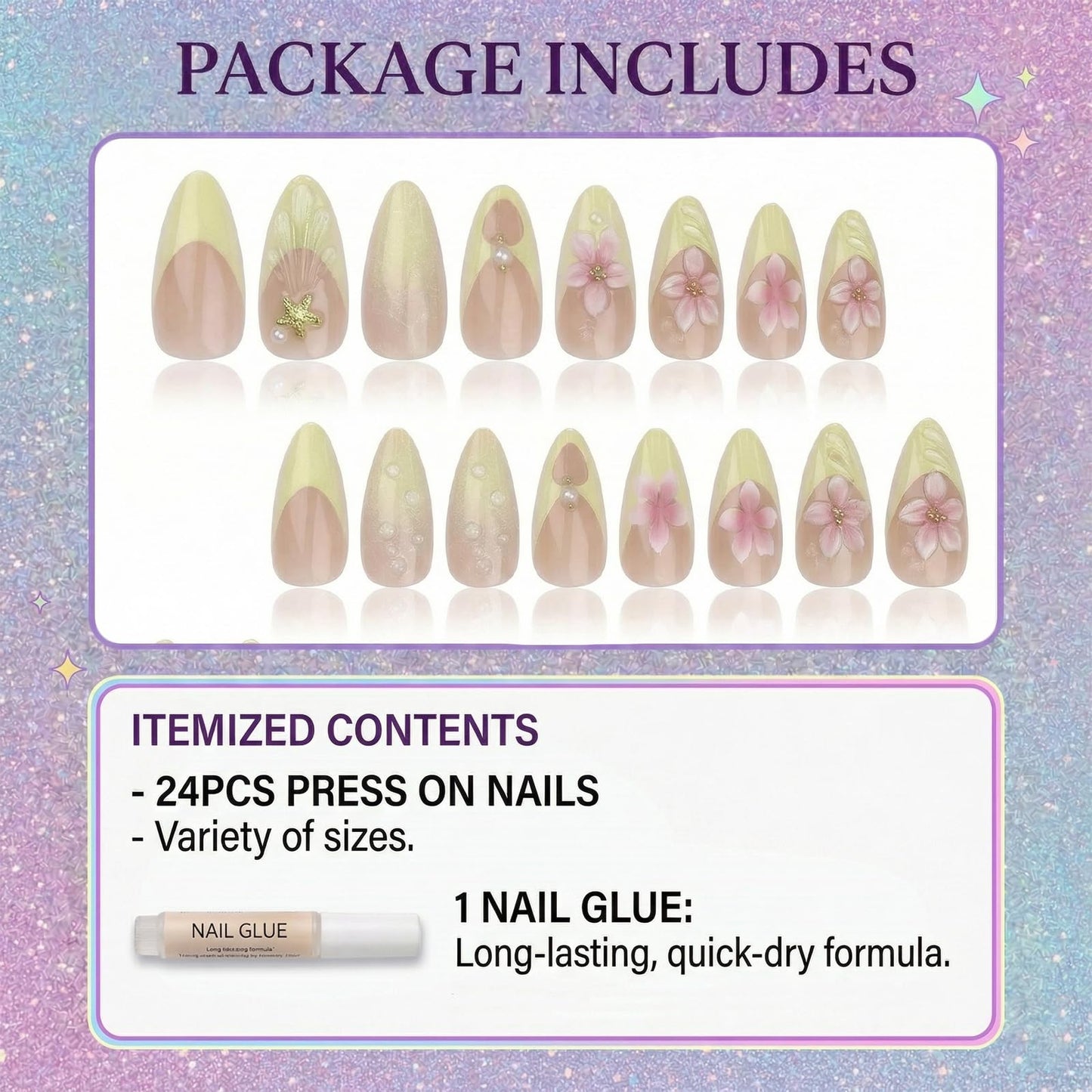 IMRAIN Almond Press on Nails, Long Fake Nails, 3D Water Drop Pink Floral Pearl Design, 24 Pcs Reusable Glue on Nails for Women, Salon Quality