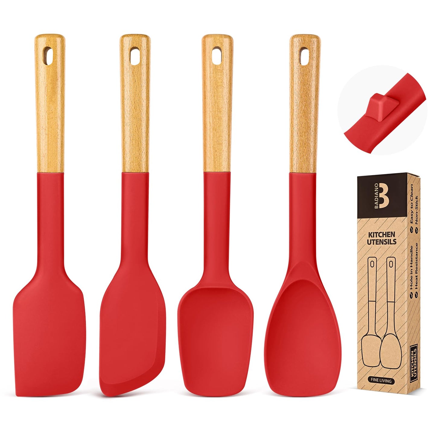 Silicone Spatula Spoon Set, Great for Mixing, Folding, Scraping, and Spreading, Sturdy BPA-Free Matte Silicone, Wooden Handle Rubber Spoonula for Nonstick Cookwares,4 Pack (RED)