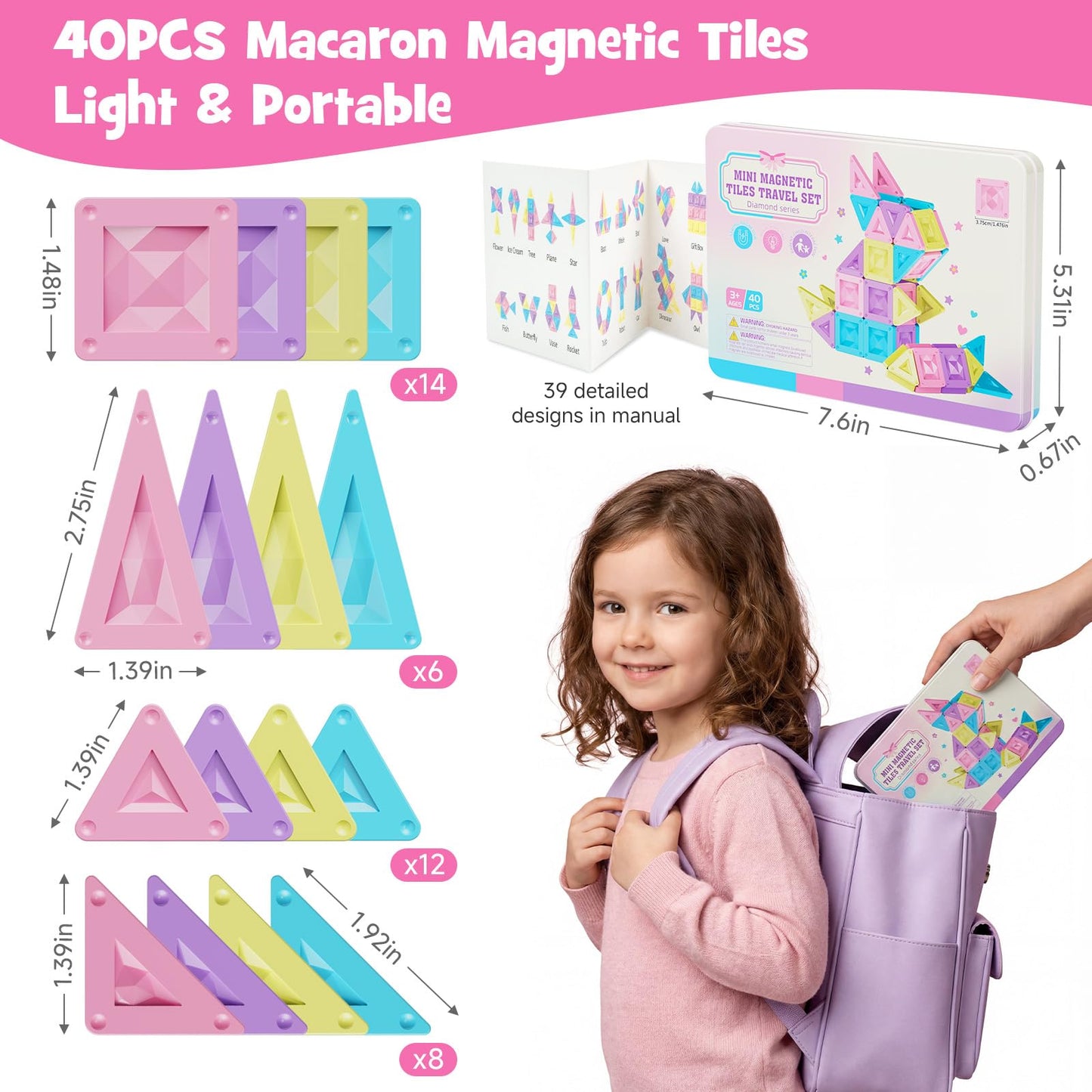 burgkidz Mini Magnetic Tiles Girls Travel Toy- 40 PCS Macaron Magnet Blocks with Pink Tin Box - 120 Mins Quiet Play for Airplane Car Essentials, Present for Girls Ages 3-8 Year Old