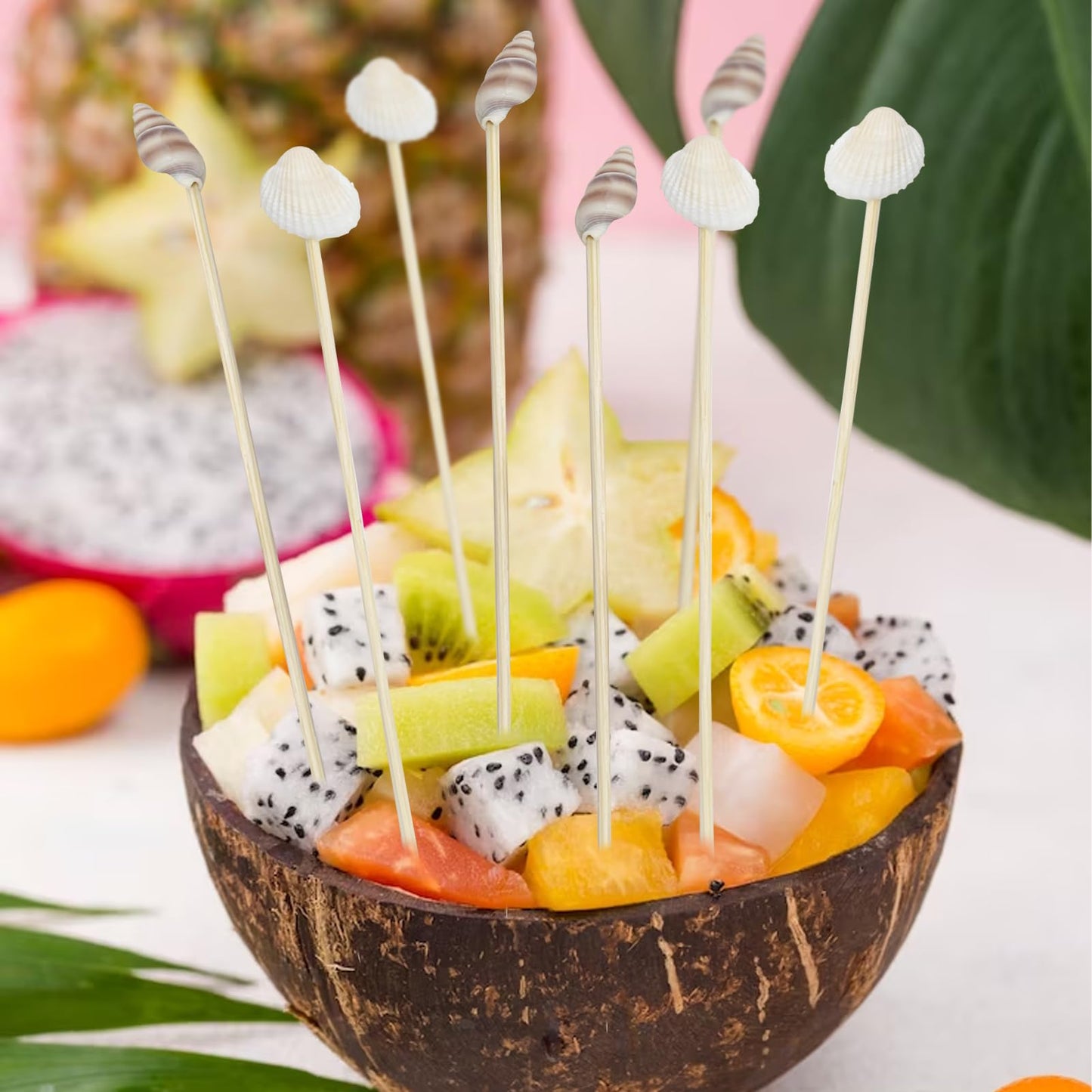 200Pcs Seashell Cocktail Picks,Beach Hawaiian Lua Party Pick 4.7 Inch Fancy Appetizer Tooth Picks for Summer Hawaiian Party Luau Beach Holiday Party Supplies