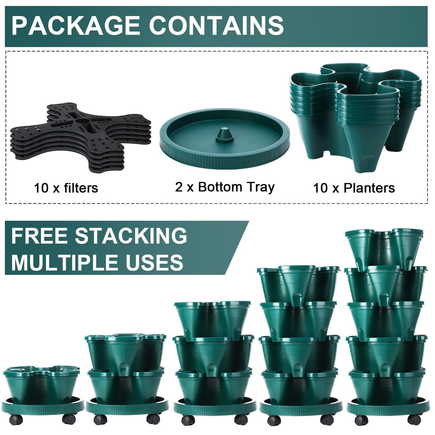 Umigy 2 Set 5 Tier Stackable Planters Vertical Garden Planters for Strawberry Herb Flower and Vegetable Indoor Outdoor Gardening Pots with Removable Wheels and Bottom(Dark Green)