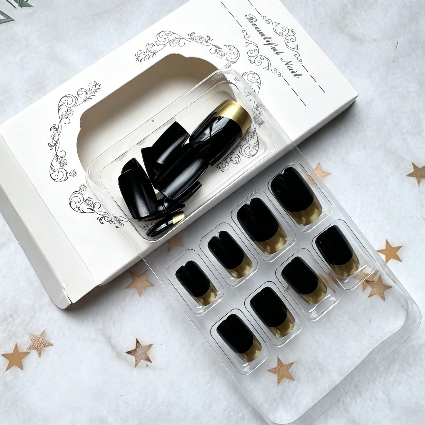 French Tip Press on Nails Square Shape Fake Nails Medium False Nails Gold Nail Tip Black Acrylic Nails Full Cover Glossy Stick on Nail Spring Summer Holiday Glue on Nails for Women Manicure 24 Pcs