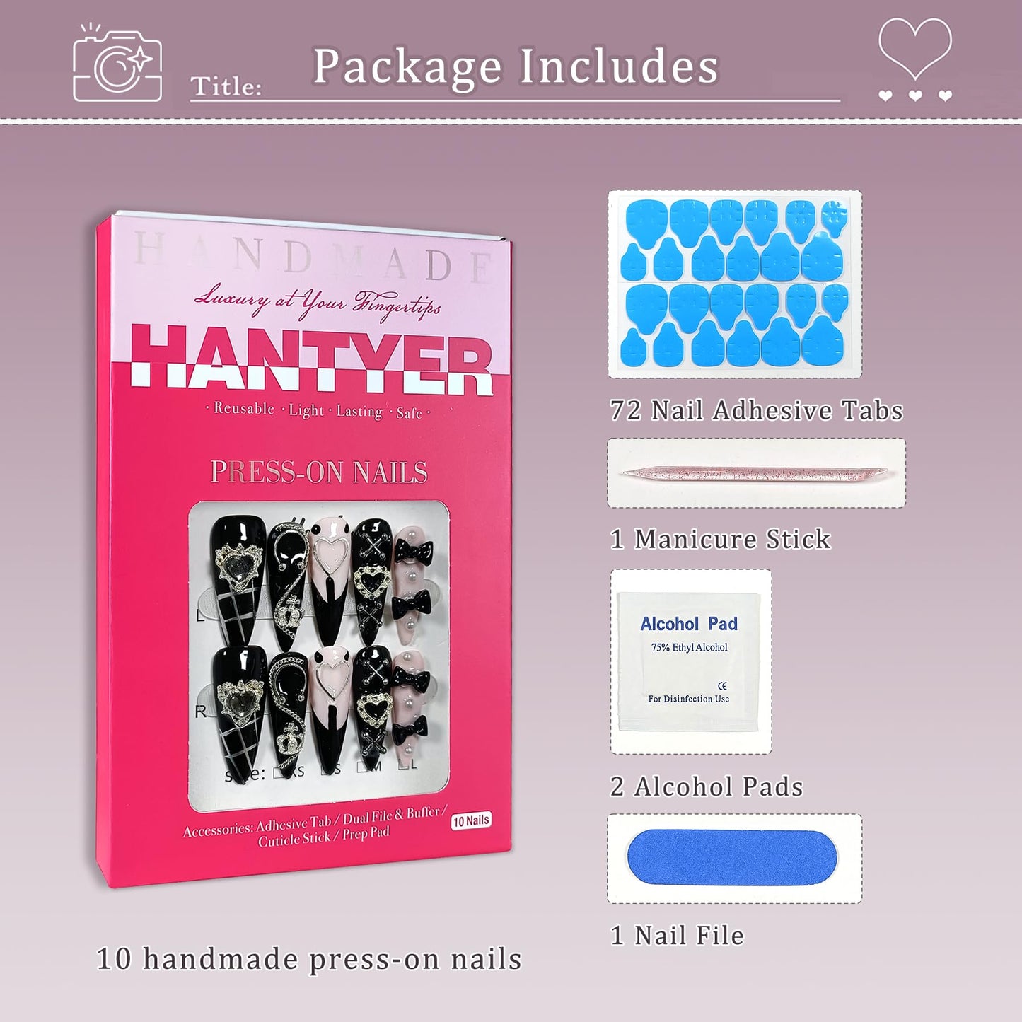 Hantyer Gothic Y2K Press on Nails, Long Stiletto Glossy Black & White Nails, Silver Gothic Charms, Black Rhinestones & 3D Hand-Painted Art, Salon Nails Edgy Style for Nightlife & Concerts (Size M)