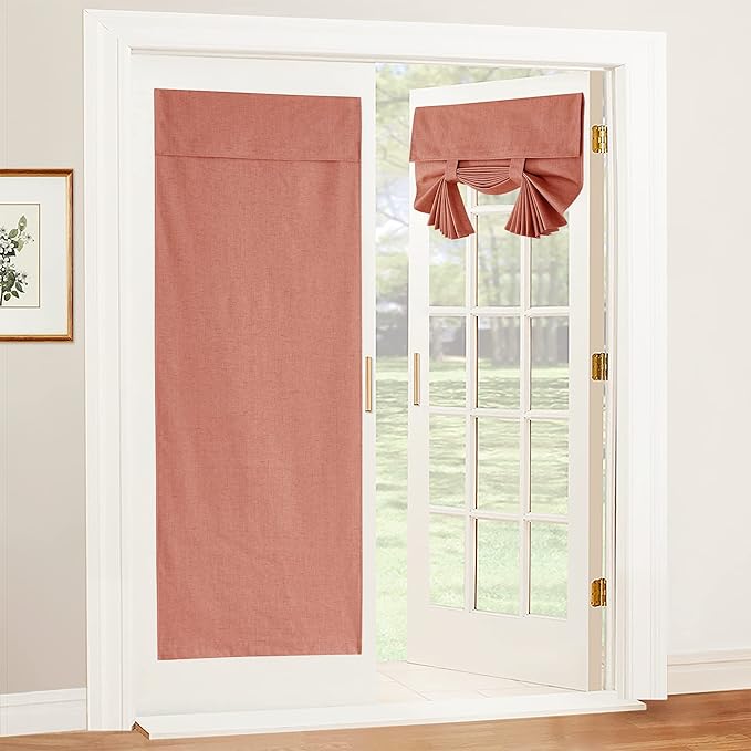 RYB HOME 100% Blackout Tricia Door Curtains, Linen Textured Blend Thermal Insulating Privacy French Door Window Tie Up Shades Sidelight Curtains for Kitchen, W 26 x L 72 inches, Brick Red, 1 Panel