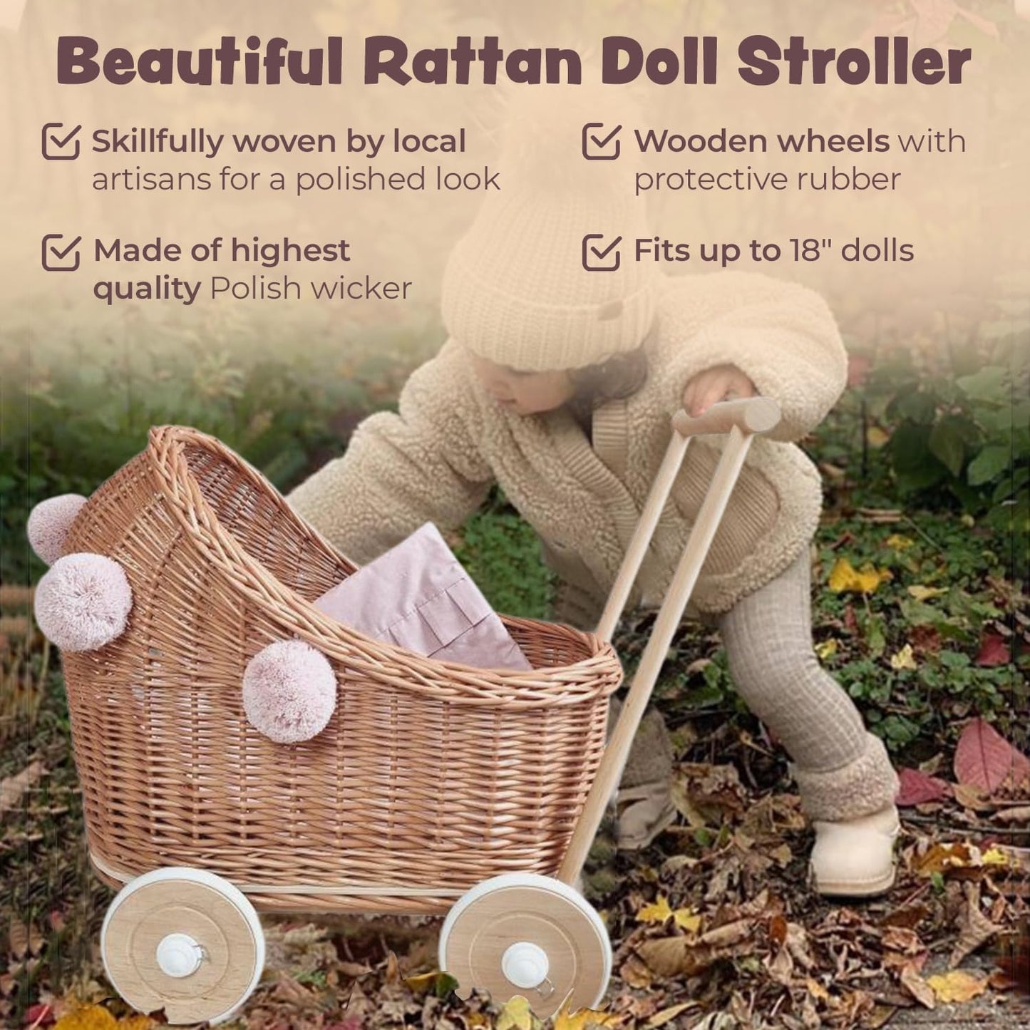 Wiklibox Natural Rattan Doll Stroller - Hand Made in Europe - Fits 17" Dolls & Plush Toys - Wicker Doll Pram & Baby Walker with Bedding Set - Perfect for Imaginative Play