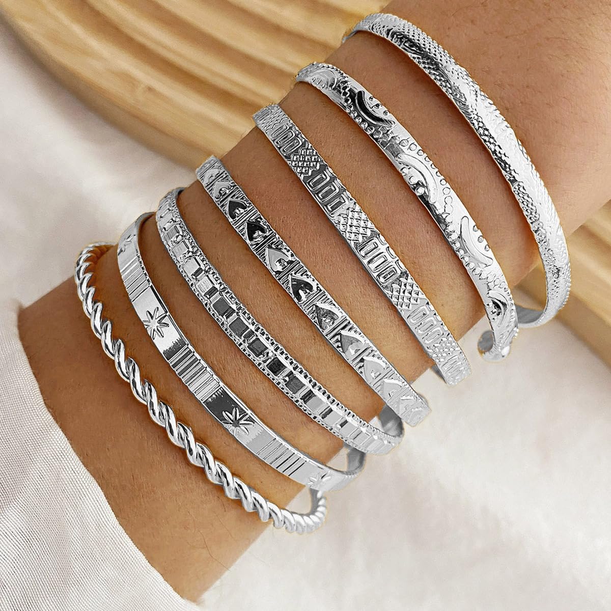 FUNOJOY Bangle Bracelets Set for Women, Multi Layer Stackable Cuff Bracelets, Boho Open Adjustable Bangle Jewelry Gift for Her