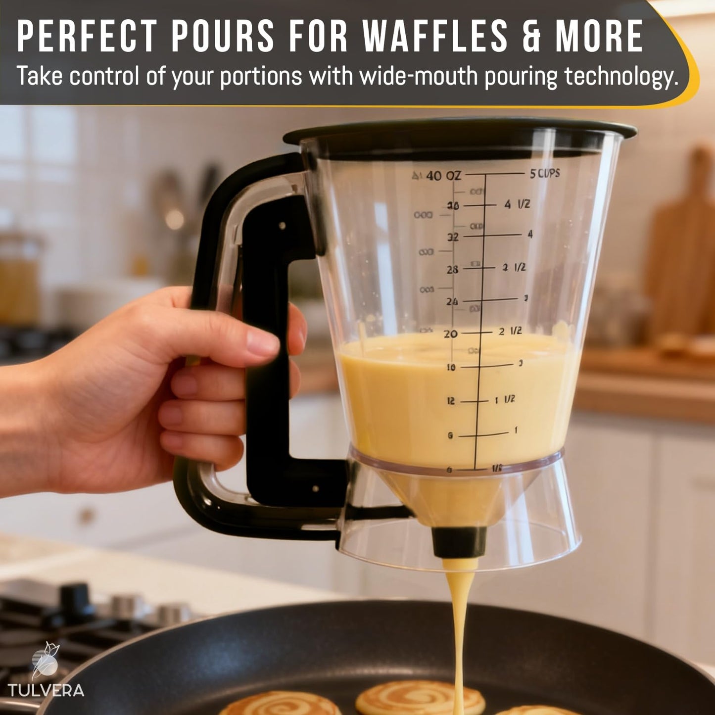 Pancake Batter Dispenser | 5-Cup Mix Pourer for Pancakes, Waffles, Crepes, Muffins, Cupcakes | Squeeze Handle, Portion Control Pitcher, Durable Drip-Free Design | Baking Accessories (Original Black)
