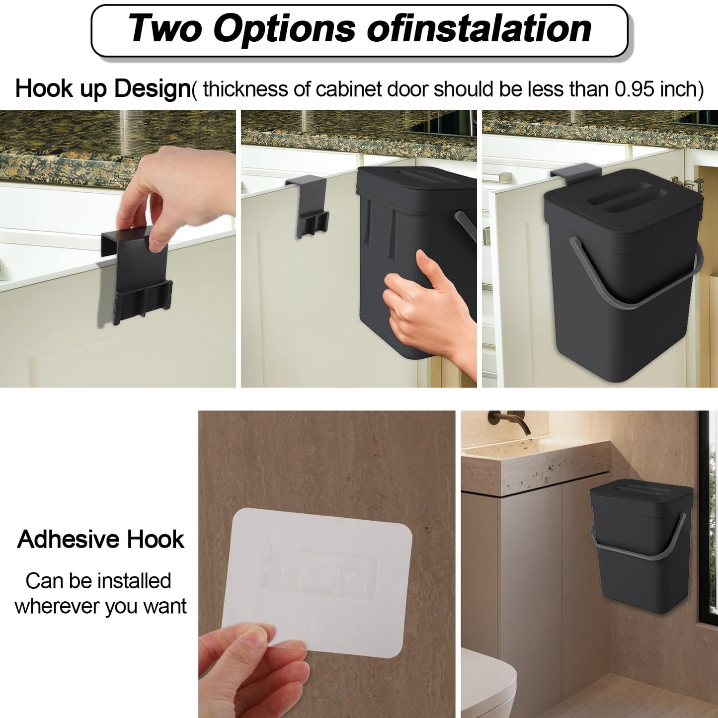 Compost Bin Kitchen, Includes 100 Trash Bags, Hanging Trash Can with Lid, Features Pet-Proof, Odor-Proof, and Quiet Opening/Closing. Suitable for Bathrooms/Bedrooms/Offices (Black, 0.8Gal/3L)
