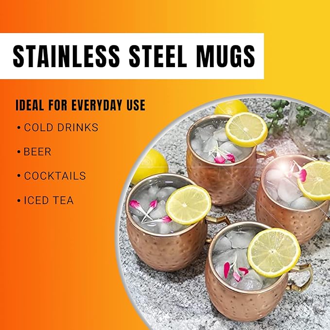Artisan's Anvil Moscow Mule Mugs with Straws, Comfortable Brass Handle, Stainless Steel Made, Original Hammered Shape, Copper Plated, Set of 4