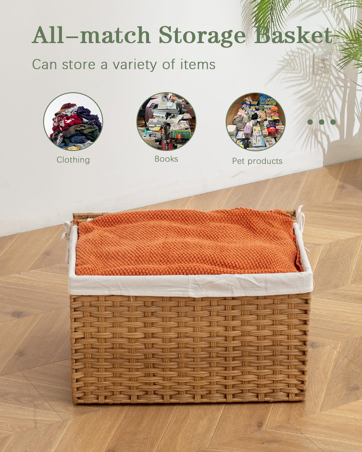 SETVSON Storage Basket with Lid Rattan Woven Storage Baskets with 2 Separate Lids, 17.2 Gallon (65 L), 22 x 13 x 13.8 Inches,Foldable, 2 Removable Liner Bags Handles for Bedroom, Laundry Room Natural